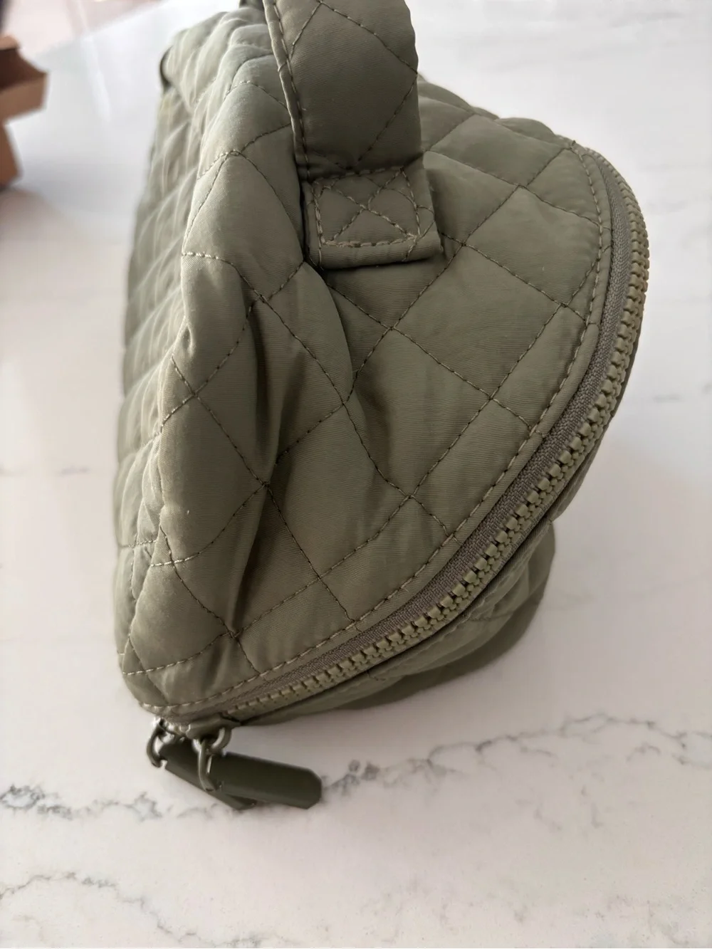 Quilted Olive Green Top-Handle Cosmetic Bag
